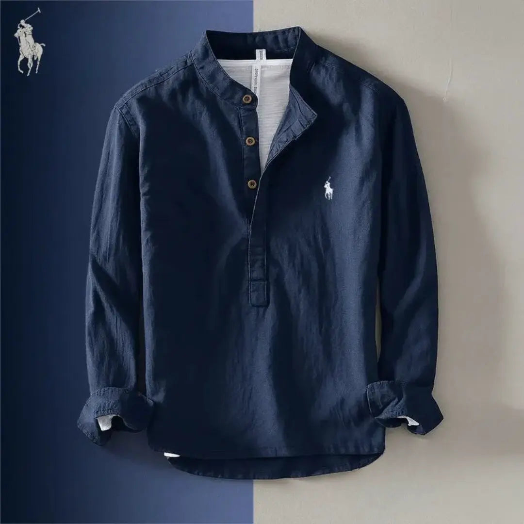 Camisa de cuello mao para hombre, de algodón y lino 